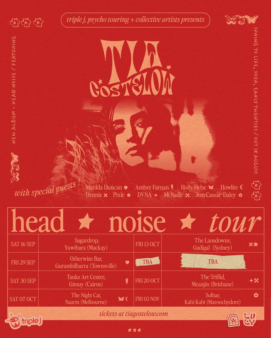 A red tour poster with peach text details Tia Gostelow's Head Noise tour for Australia.