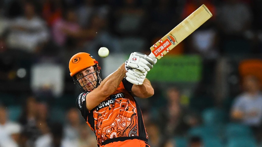Perth Scorchers batsman Mitchell Marsh swings hard at a cricket ball during a BBL game.
