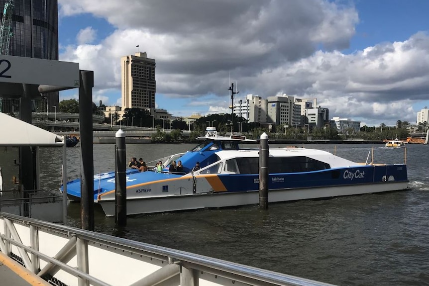 A Brisbane CityCat pulling into South Bank ferry terminal.
