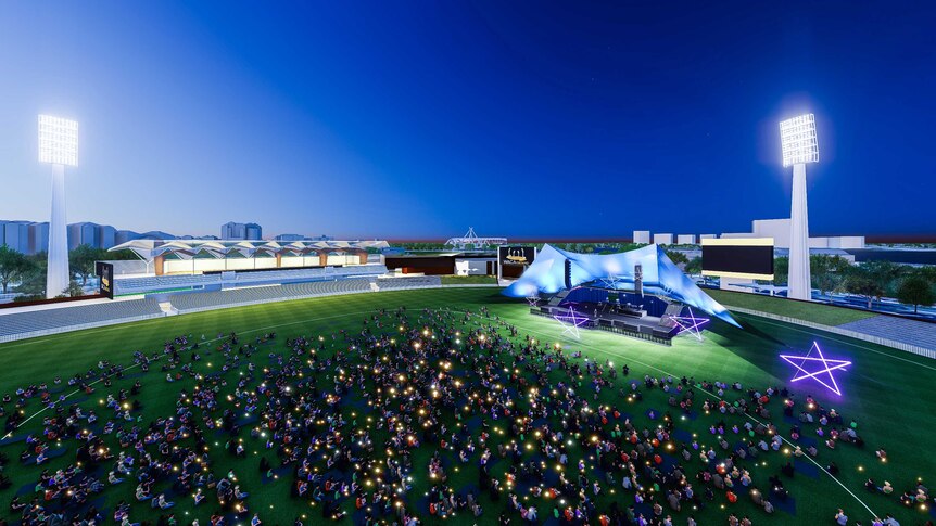 An artist's impression showing an aerial view of a crowd of people on the WACA Ground grass at night watching an event on stage.