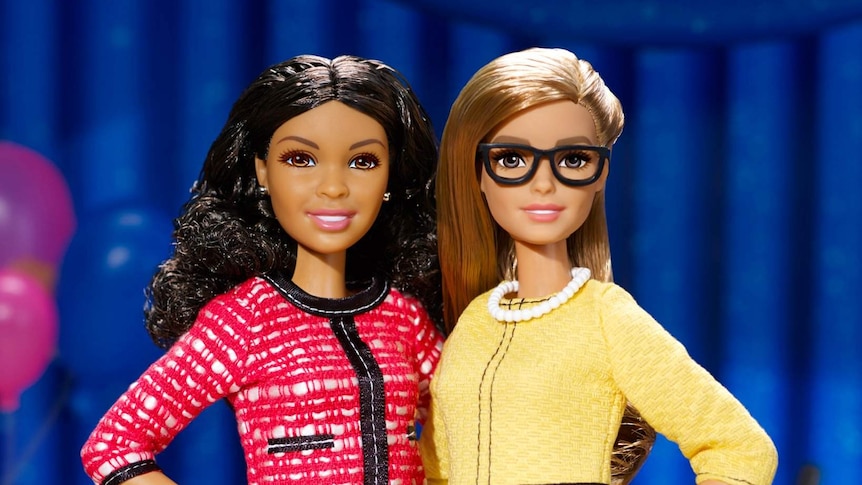 Two dolls, one African-American and one white, that feature in Mattel's presidential Barbie range