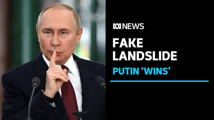 Fake Landslide, Putin 'Wins': Russian President Vladimir Putin holds a finger to his lips while speaking at a microphone.