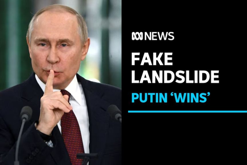 Fake Landslide, Putin 'Wins': Russian President Vladimir Putin holds a finger to his lips while speaking at a microphone.