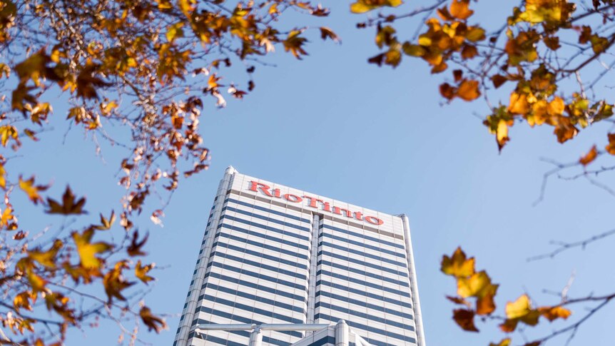 The office tower with the Rio Tinto logo is framed by autumn leaves.