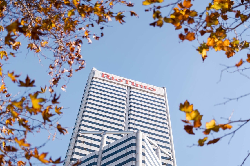 The office tower with the Rio Tinto logo is framed by autumn leaves.