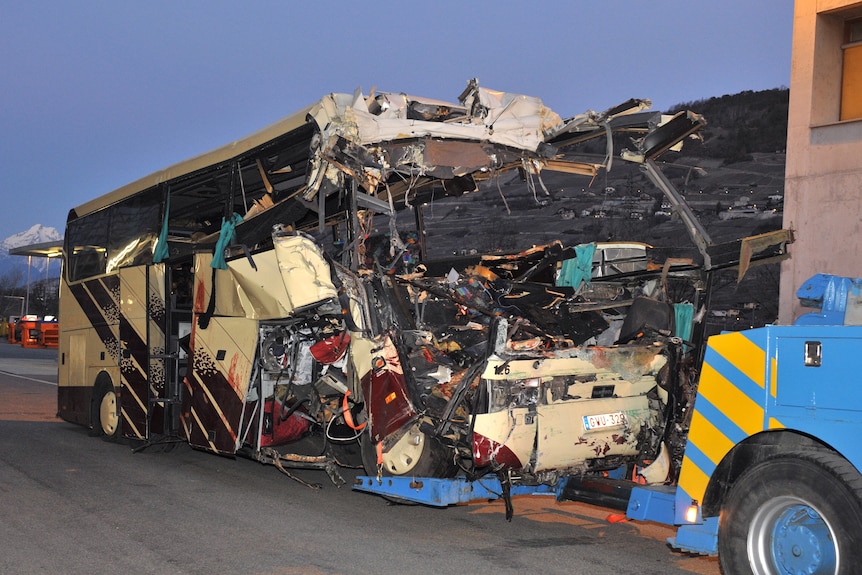 The wreckage of a deadly Swiss bus crash