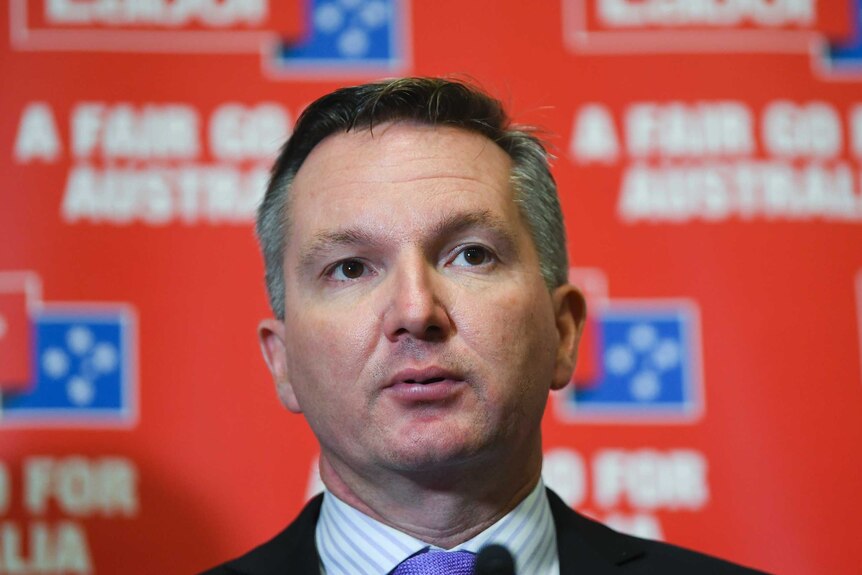 Chris Bowen wearing a suit and tie in front of a Labor party promotional backdrop.