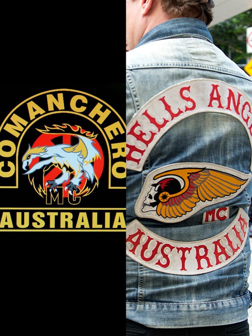 LtoR Comancheros and Hells Angels logos.