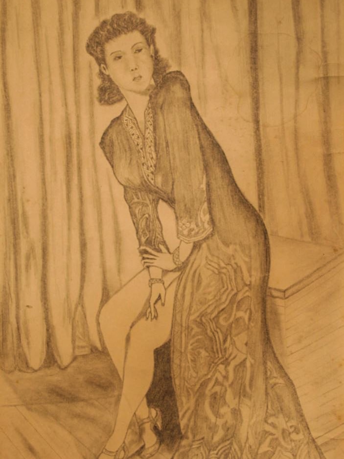 A drawing of a woman wearing a dress.