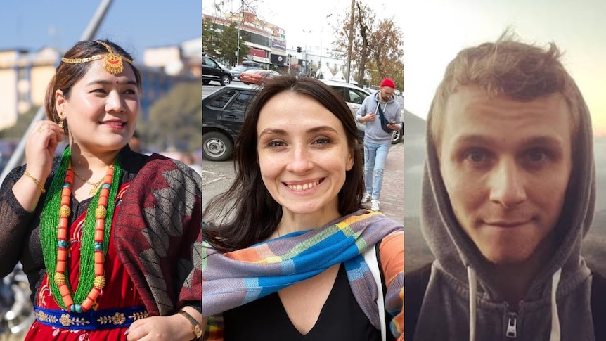 A composite image of three people - a traditional Nepali folk singer, a Russian woman on a street, and a man in a hood.