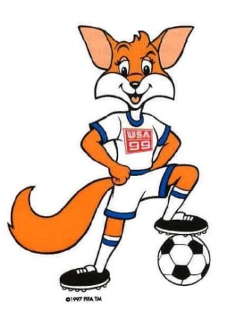 A cartoon fox wearing a football jersey with its foot on a ball.