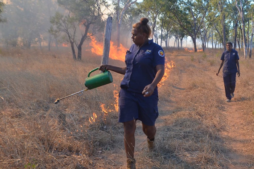 A woman using a drip torch to light fires in brown, dry open woodland.