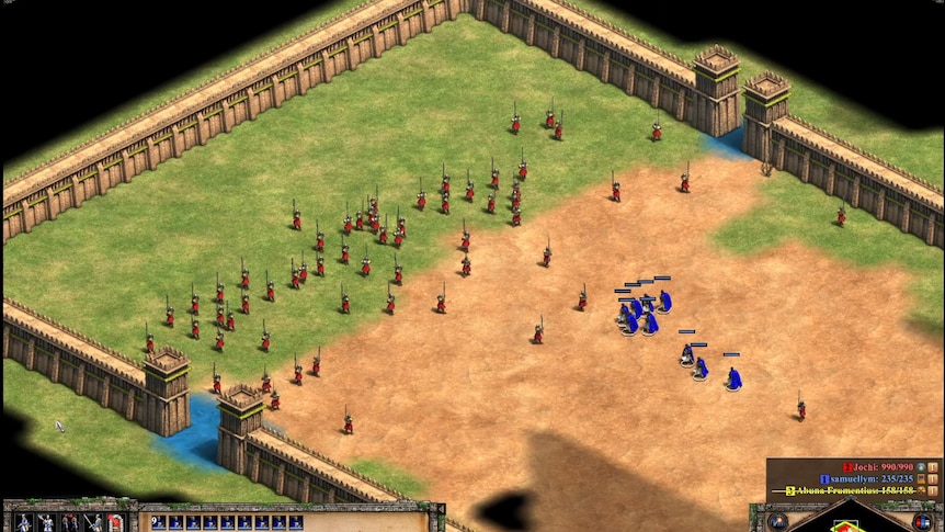 A screenshot of a video game. A large red army is being approached by a small blue one. They're in a walled off area