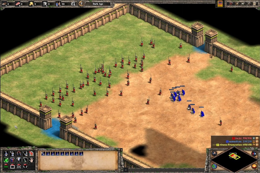 A screenshot of a video game. A large red army is being approached by a small blue one. They're in a walled off area