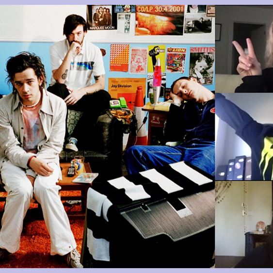 The band The 1975 sitting in their bedroom with images of three other people overlayed.