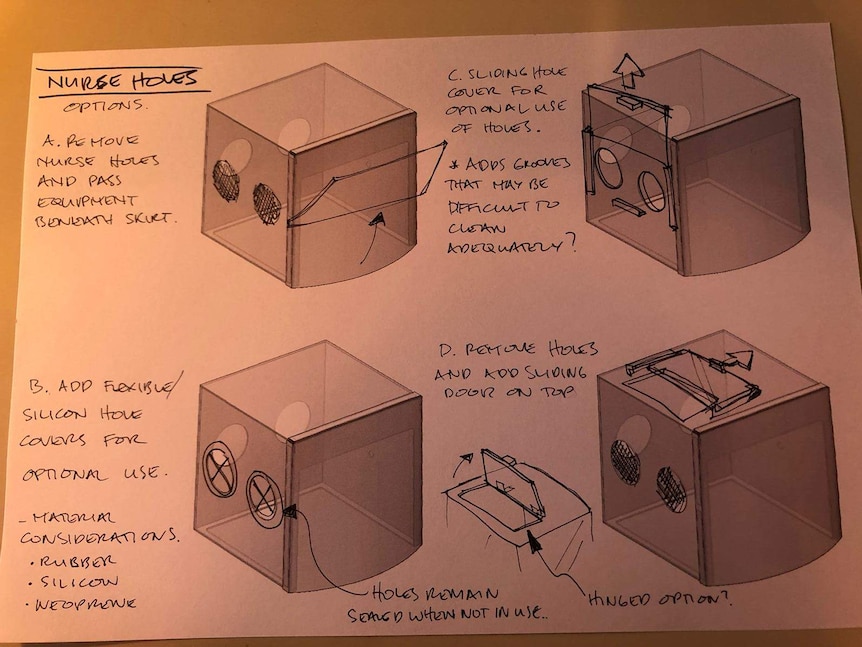 A design for an intubation box drawn on a piece of paper.