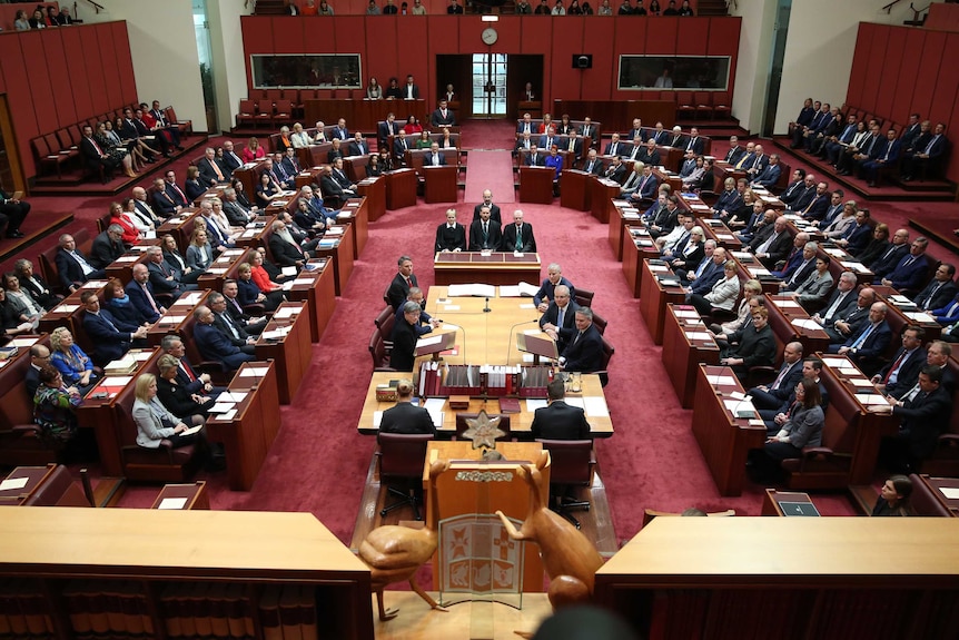 Politicians crammed into seats throughout the red Senate chamber