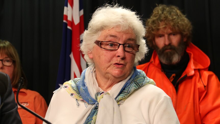 Gloria Jones, from a fishing family at Clayton Bay, speaks about the Murray-Darling Basin Plan at a press conference.