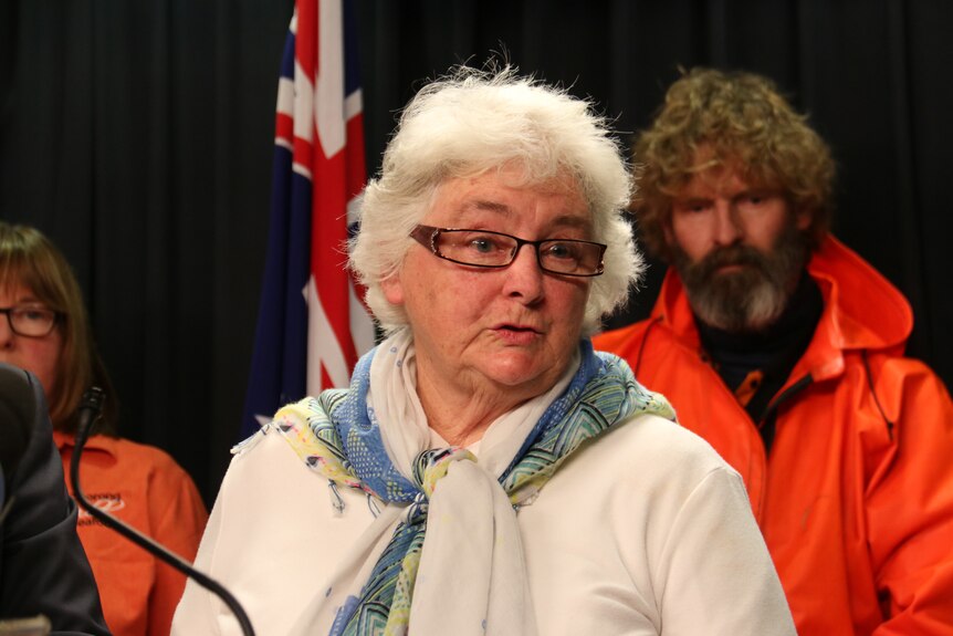 Gloria Jones, from a fishing family at Clayton Bay, speaks about the Murray-Darling Basin Plan at a press conference.