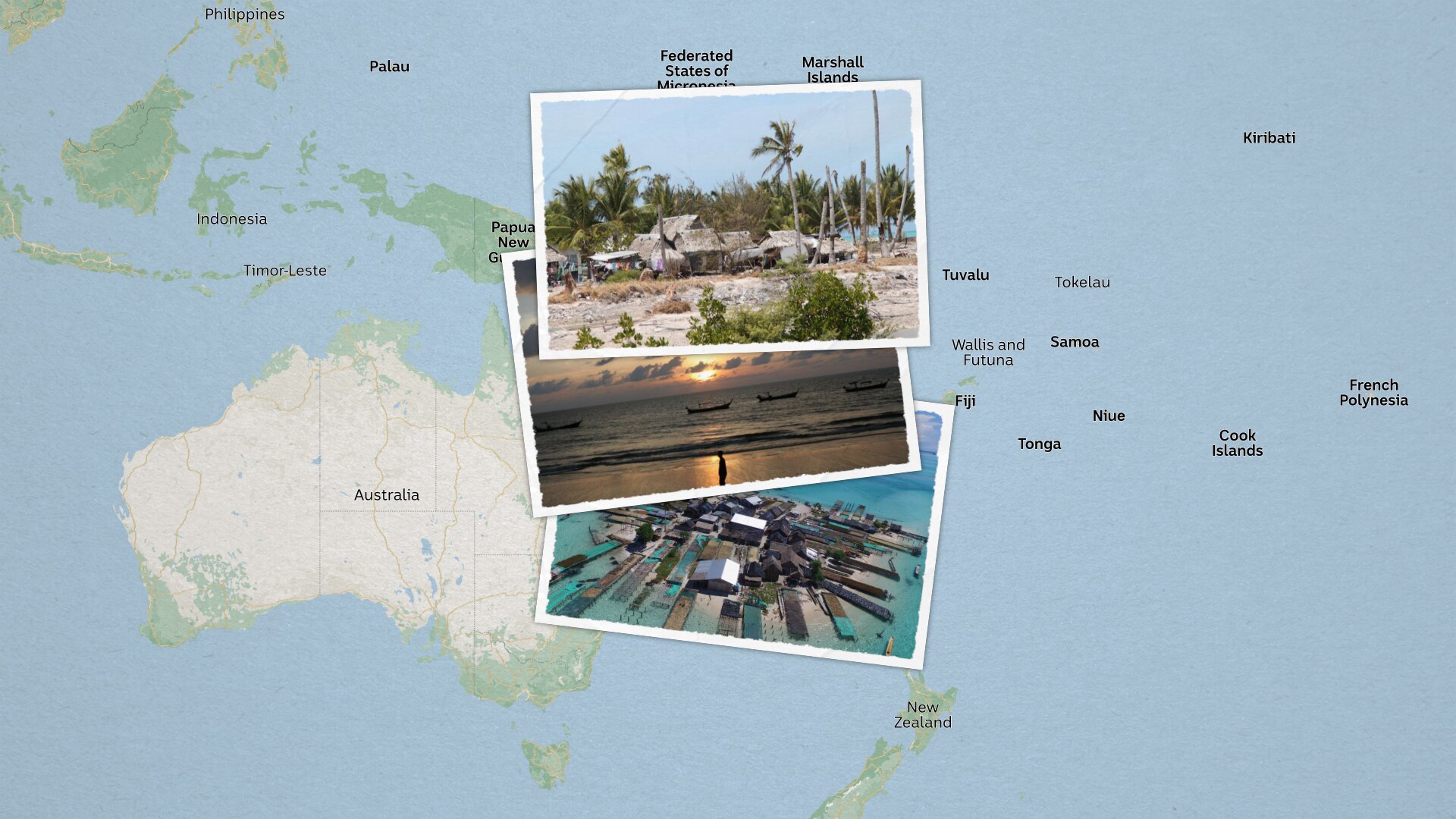 A map showing Australia relative to Pacific Island nations with three postcards from the region on top.