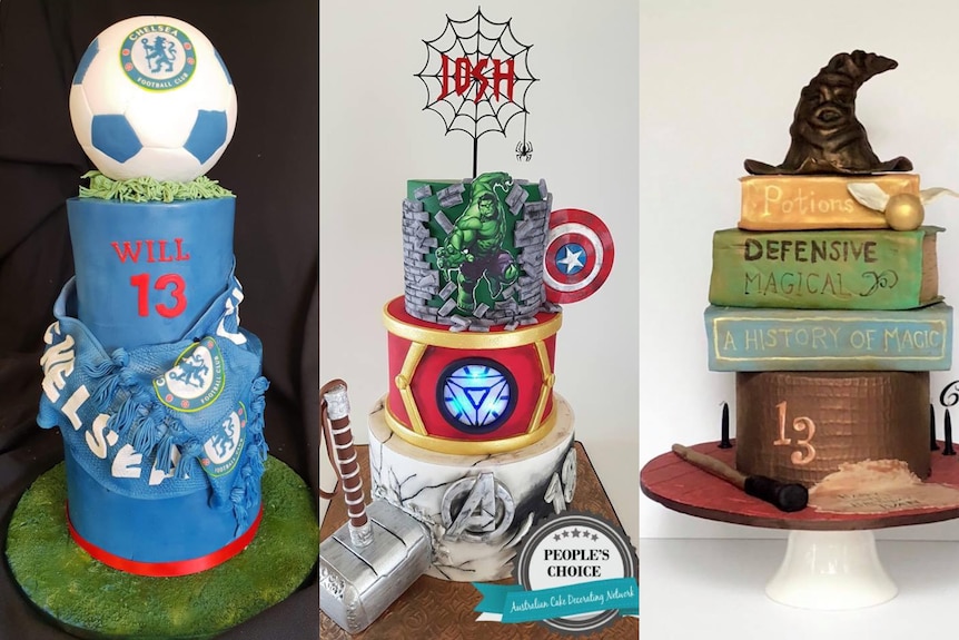 Three themed birthday cakes - one themed Chelsea Football club, another Marvel Superheroes, and a Harry Potter cake.