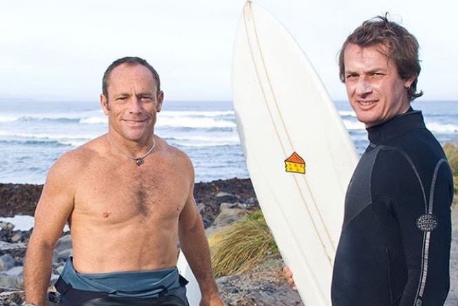 Champion surfer Tom Carroll with acclaimed musician Richard Tognetti at Martha Lavinia Beach, Tasmania.