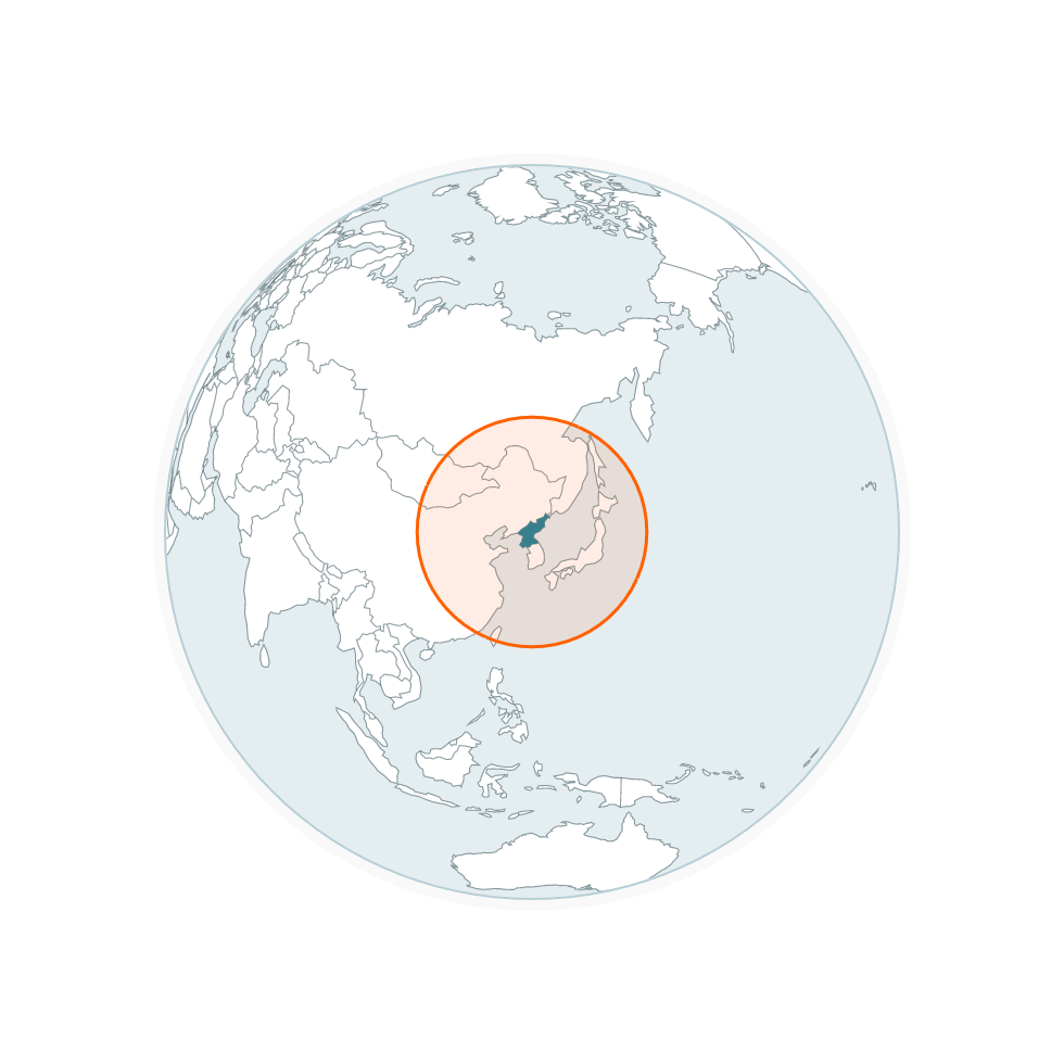 Globe with red circle showing the range of North Korea's medium-range missiles. Japan is inside the circle.