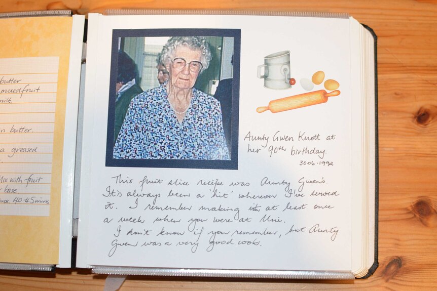 Recipe book with photo of Aunty Gwen Knott on her 90th birthday