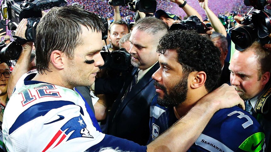 Tom Brady and Russell Wilson after Super Bowl XLIX