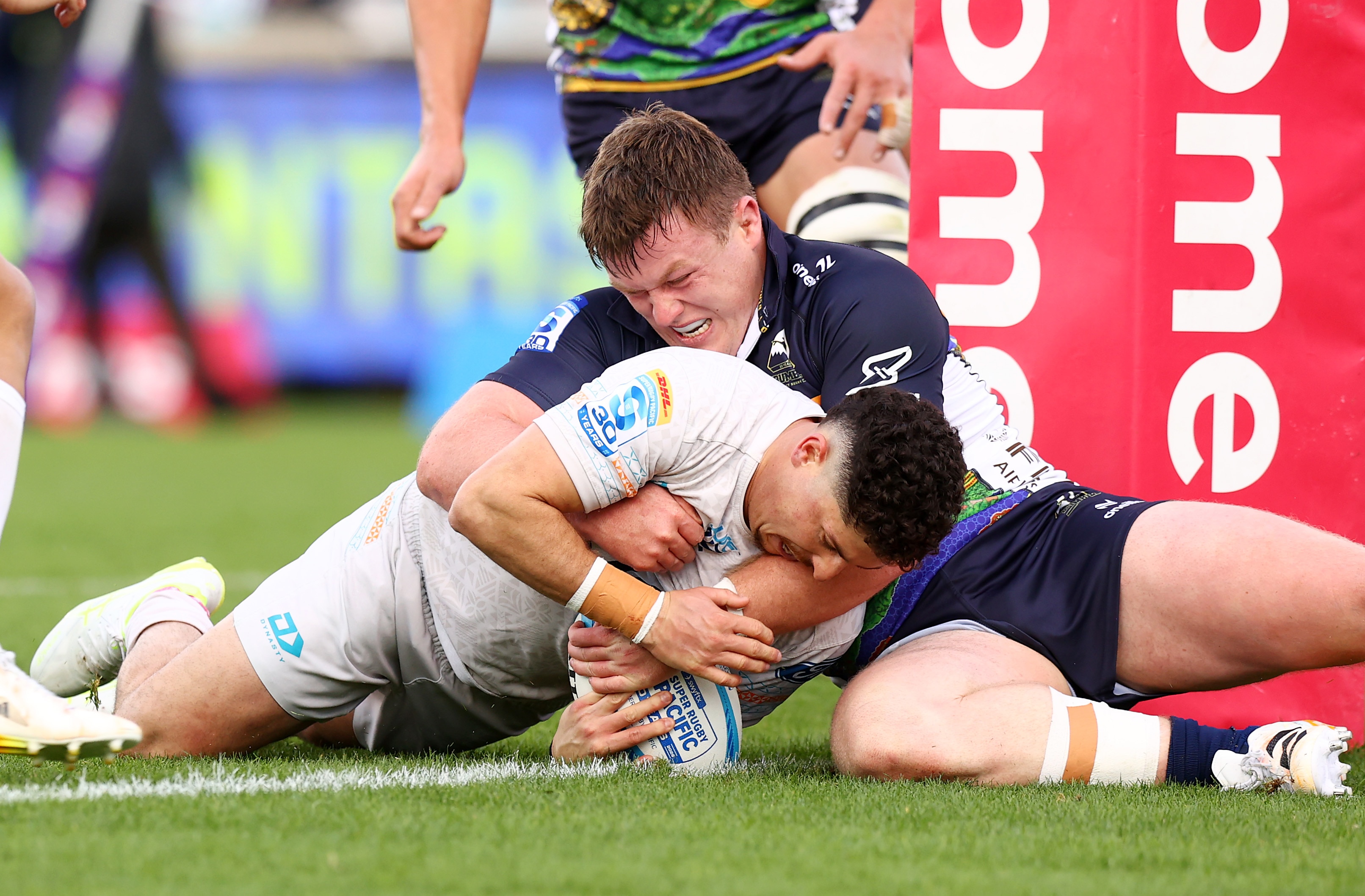 Patrick Pellegrini scores a try for Moana Pasifika against the Brumbies.