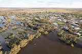 An aerial image showing floodwater across the town of walgett