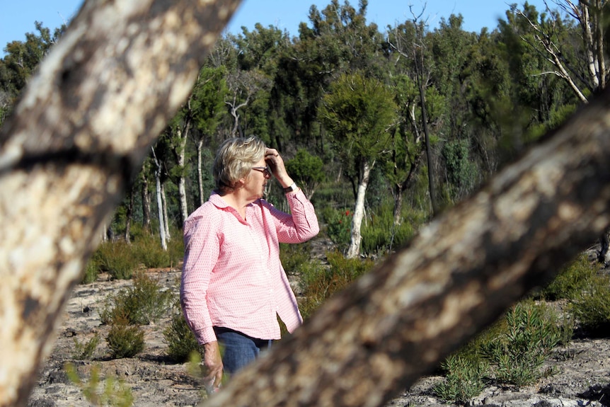 A woman holds her head and looks out across a damaged landscape.