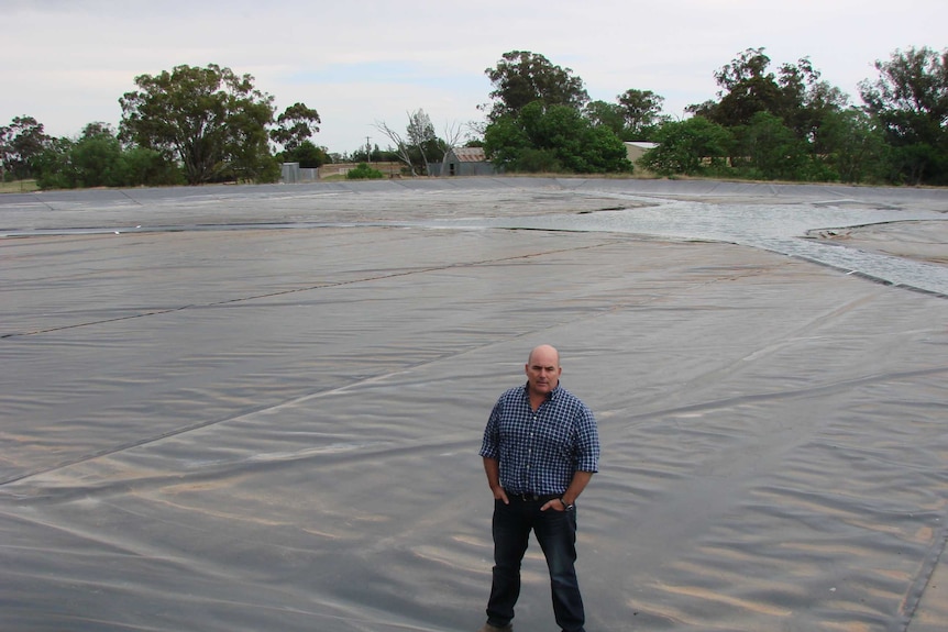 A man standing on the black plastic lid of a large dam for irrigating winegrapes at Moppity vineyard Young New South Wales