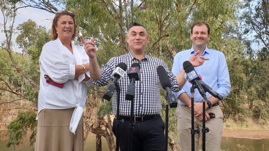 Water Minister Melinda Pavey, Deputy Premier John Barilaro, and Nationals MLC Sam Farraway at a press conference