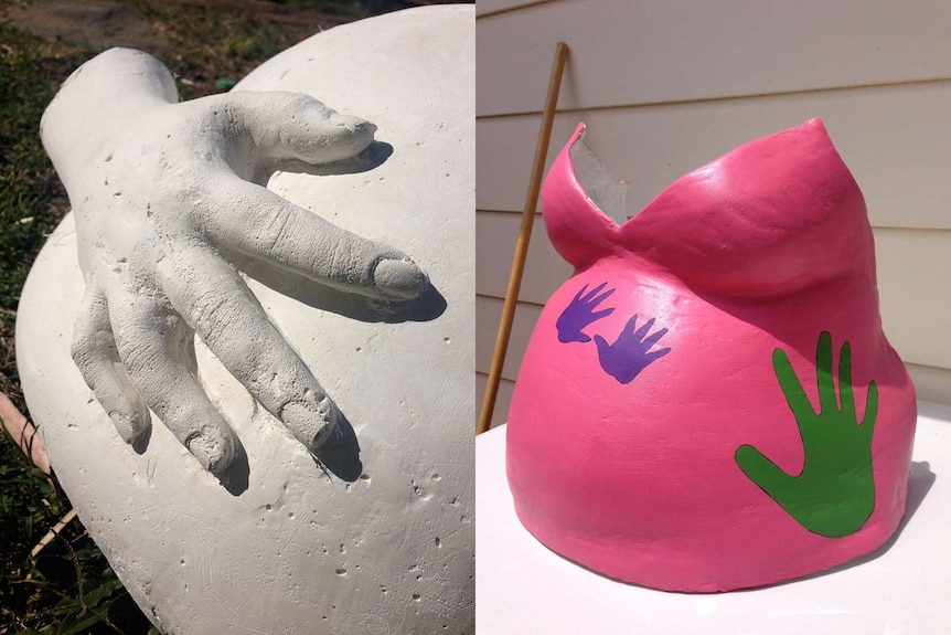 Two images of pregnant belly casts, one white with a hand on it and one painted pink with painted hands on it