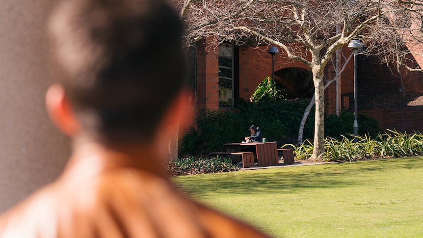 A photo of the blurred back of a man's head and shoulders. The picture looks at someone sitting at a bench in the d
