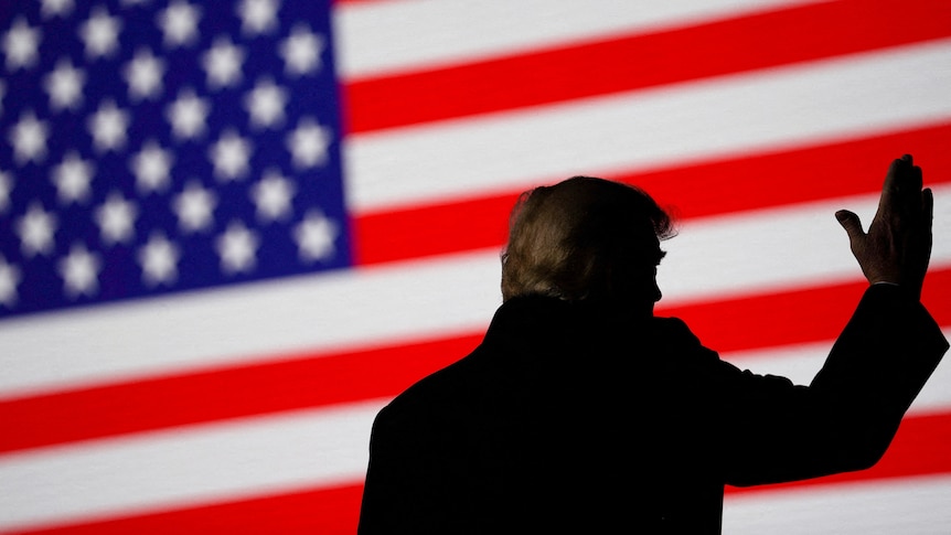 Donald Trump in shadow as he gestures on stage in front of a United States flag.