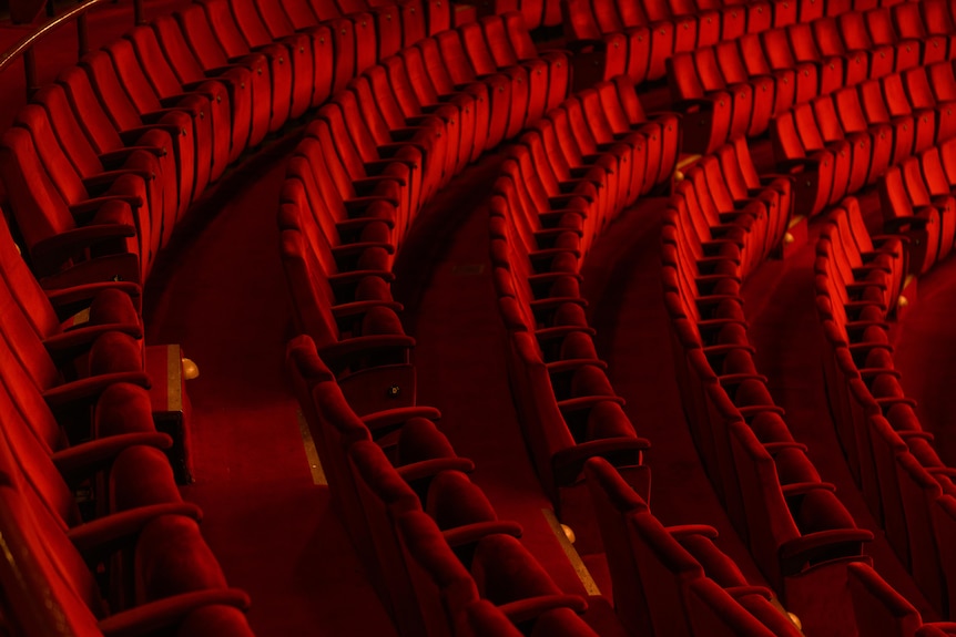 Several rows of red velvet theatre seats in an auditorium.