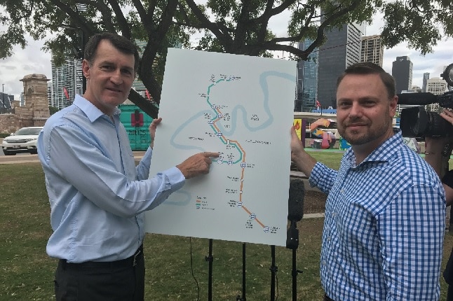 Mr Quirk and deputy mayor Adrian Schrinner announced the new Brisbane metro plan at South Bank on Saturday.