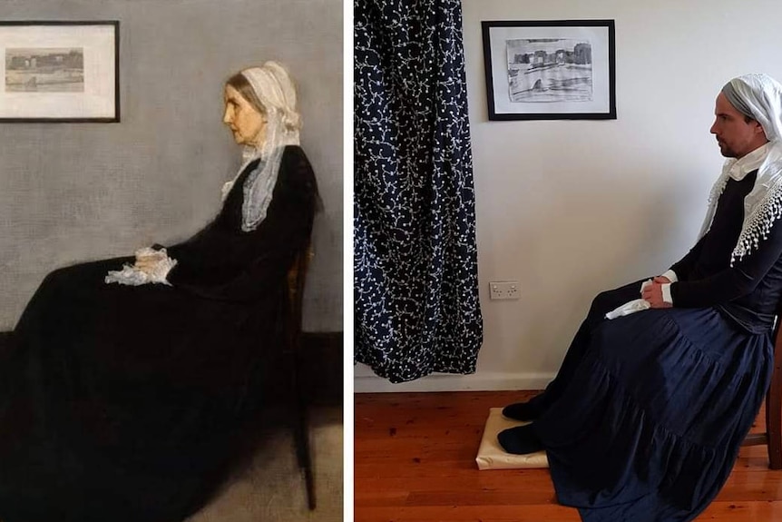 man recreates the 1871 painting "Whistler's Mother".  