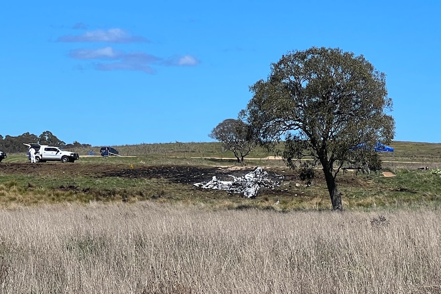 Burnt debris is scattered on a bare field near a large gum tree.