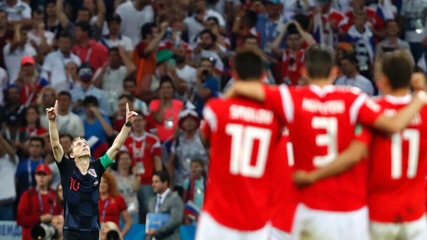Luka Modric celebrates penalty against Russia