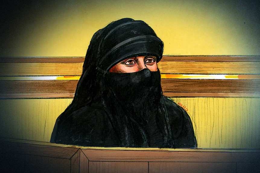 A court sketch of Momena Shoma wearing a black Islamic gown in court showing only her eyes.