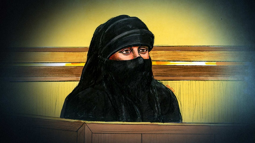 A court sketch of Momena Shoma wearing a black Islamic gown in court showing only her eyes.
