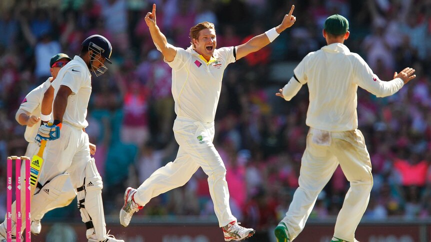 Shane Watson celebrates the wicket of Suresh Raina