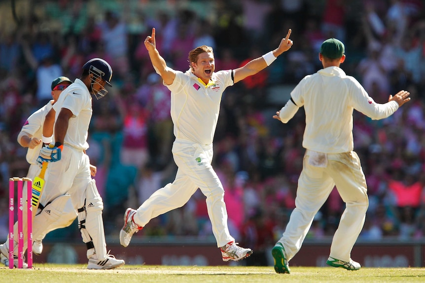 Shane Watson celebrates the wicket of Suresh Raina