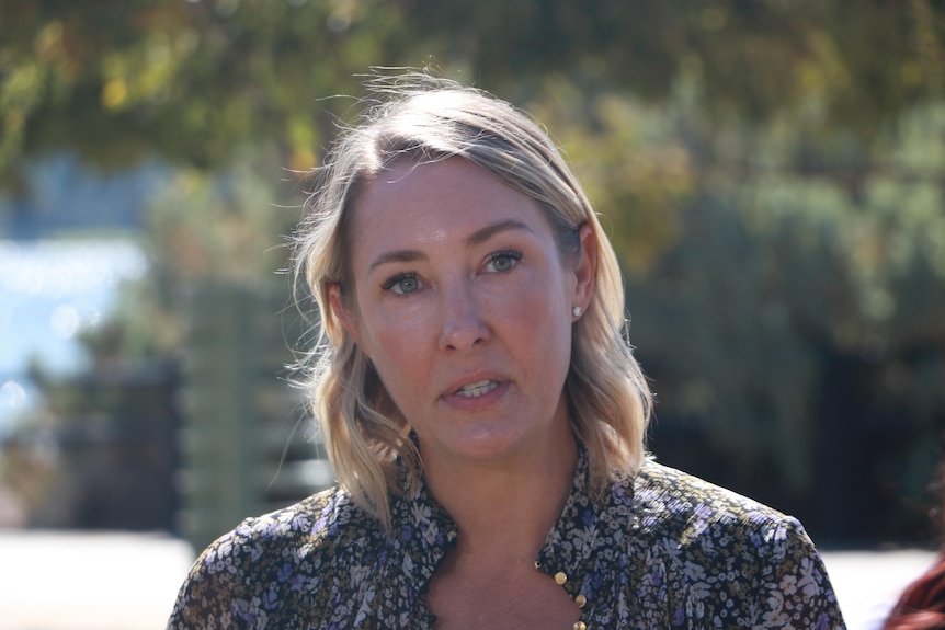 Julia Murcia addresses media on the South Perth foreshore