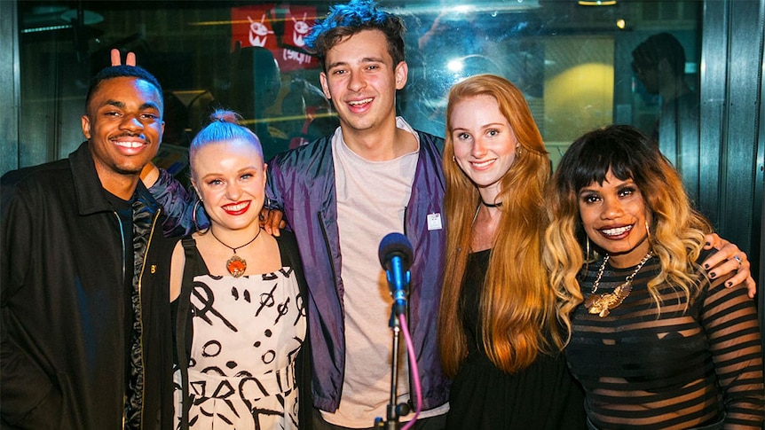 Flume in the Like A Version studio with Vince Staples, Kucka, Vera Blue, and Ngaiire, December 2016