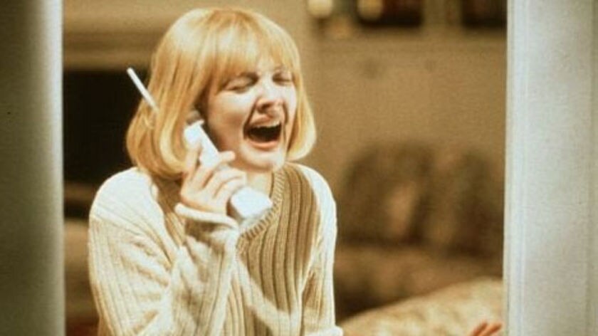 Drew Barrymore screams in fear while talking on the phone in the first Scream movie.