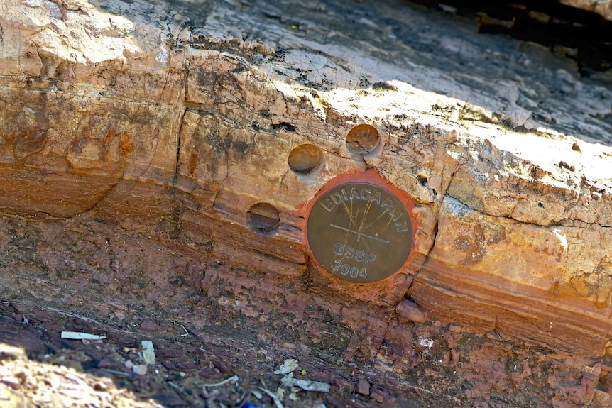 Plaque on rock marks transition from one geological era to another